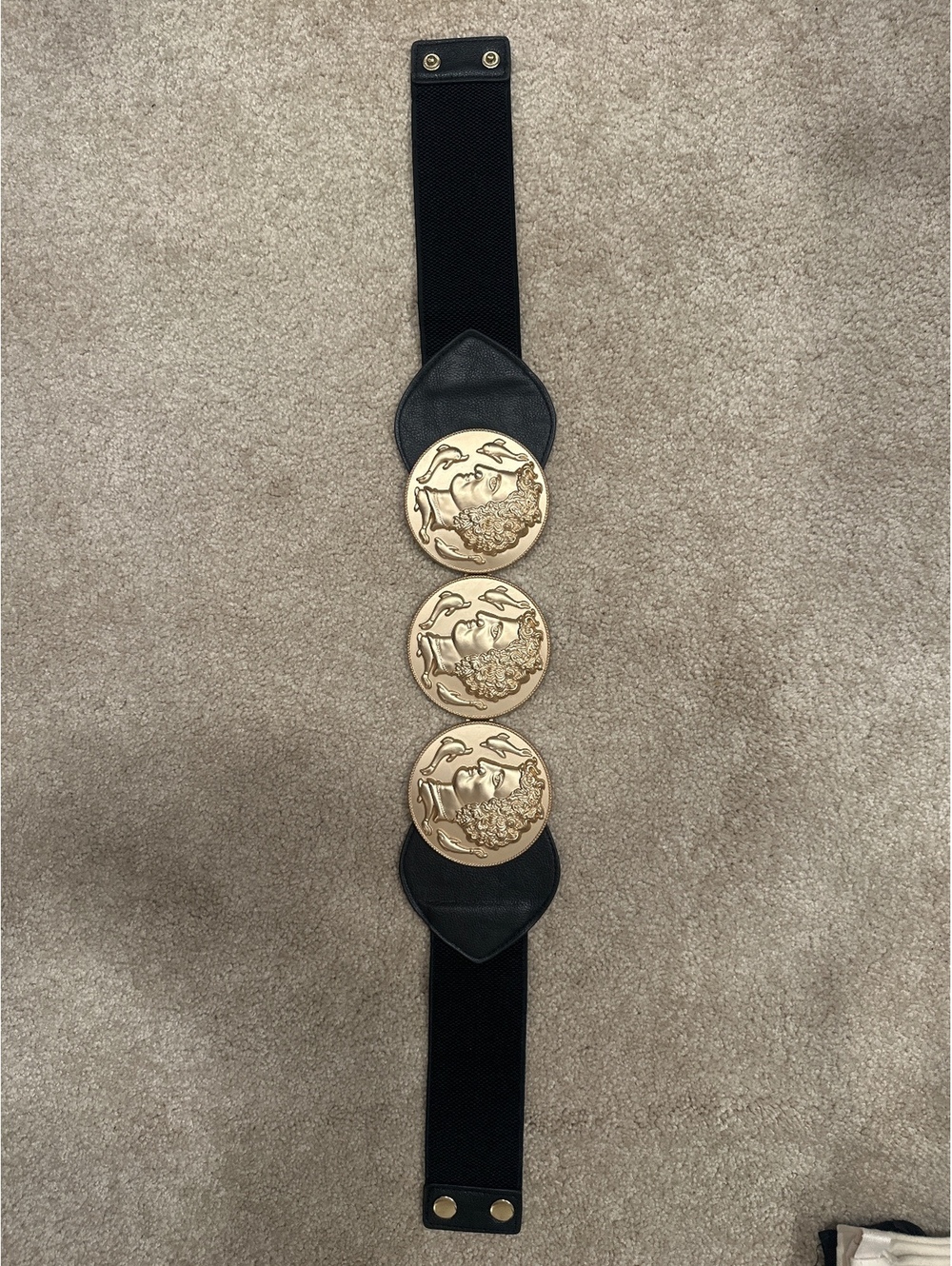 (2)Vintage Wide Black Elastic Belt with Gold Medallion Detail